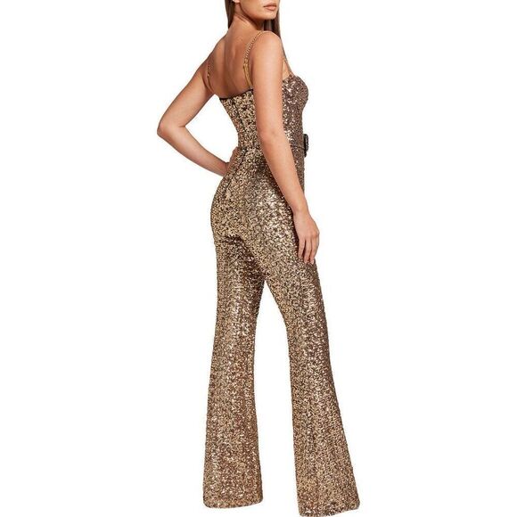Nadine Merabi Women's Gold Sequin Sleeveless Lucinda Flare Jumpsuit Size 8 NWOT - Picture 3 of 13